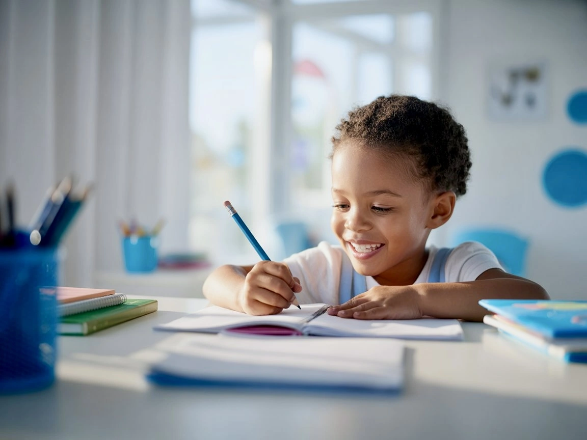 Glücklicher junger Schüler lernt am Tisch