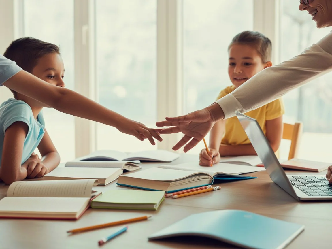 Ein Nachhilfelehrer gibt drei Schülern kostenlose Nachhilfe